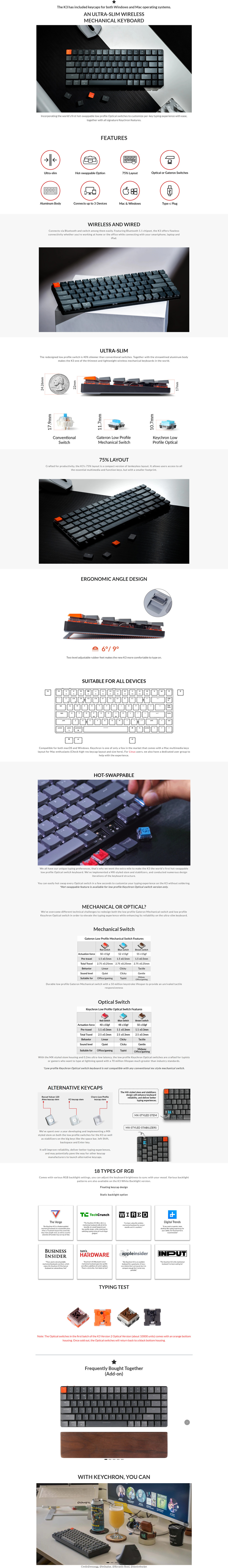 keychron k3 ultra-slim wireless mechanical keyboard rgb low-profile optical red