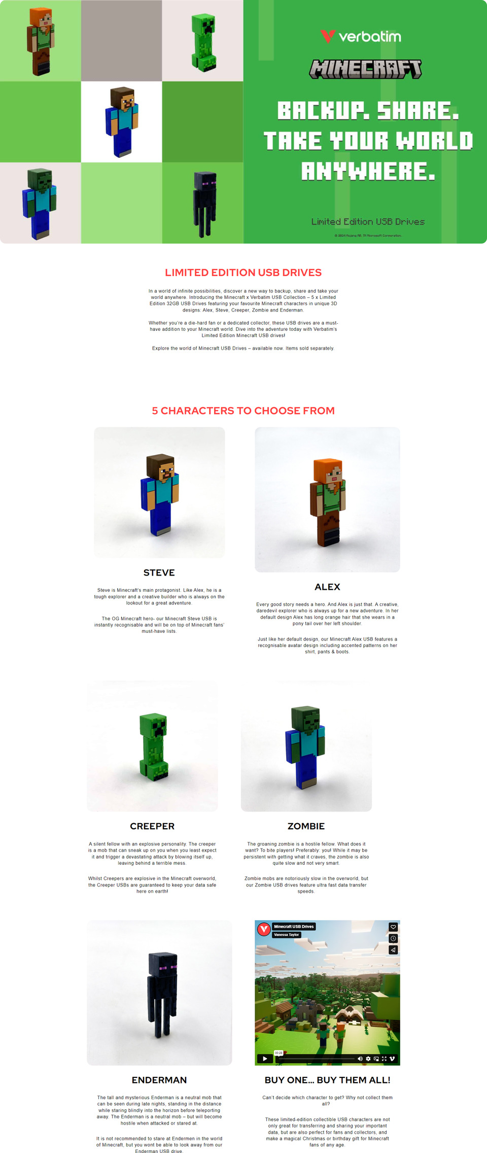 32gb verbatim minecraft collectors edition usb flash drive alex retail pack