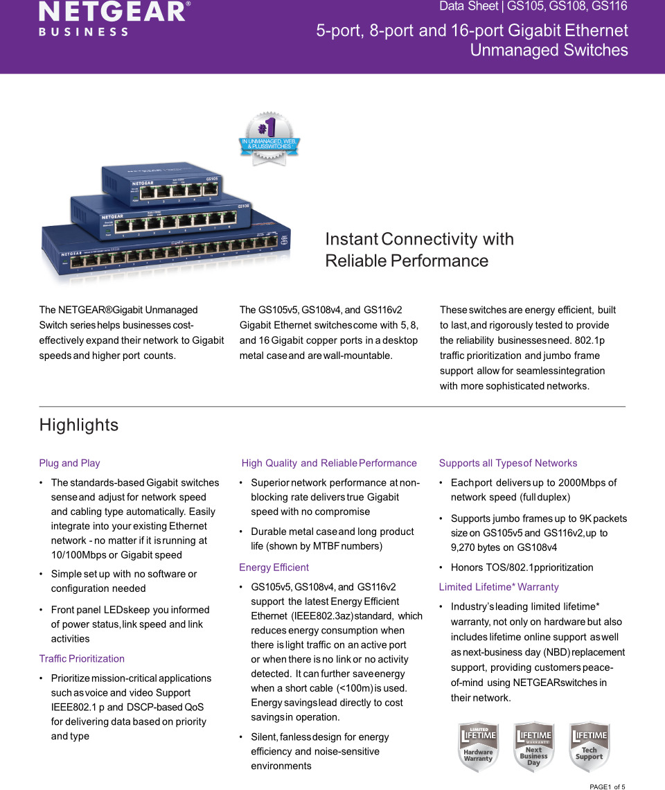 5-port netgear gs105au gigabit ethernet unmanaged switch