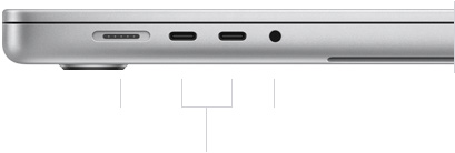 MacBook Pro 16-inch, closed, left side, showing MagSafe 3 port, two Thunderbolt 5 ports and headphone jack