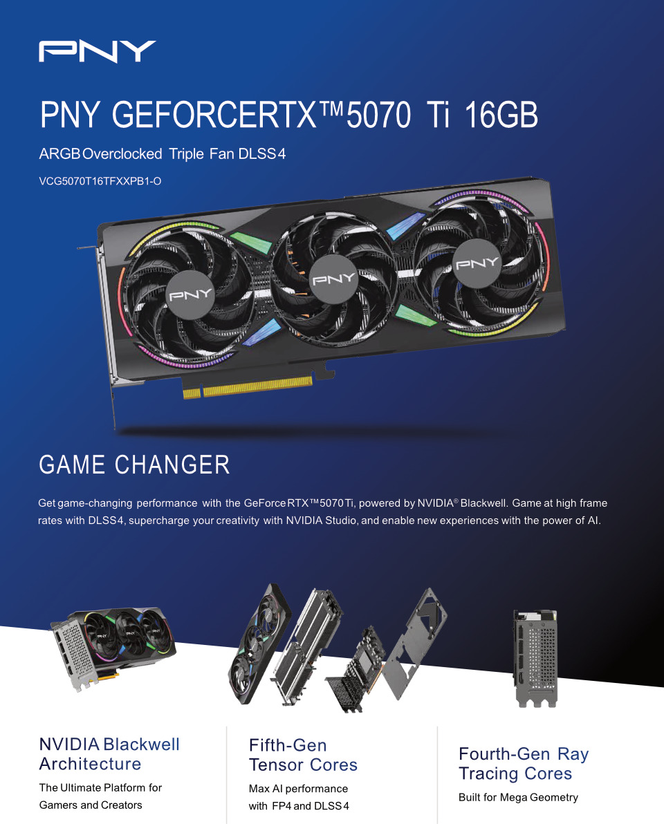 pny rtx 5070 ti argb epic-x oc triple fan gpu