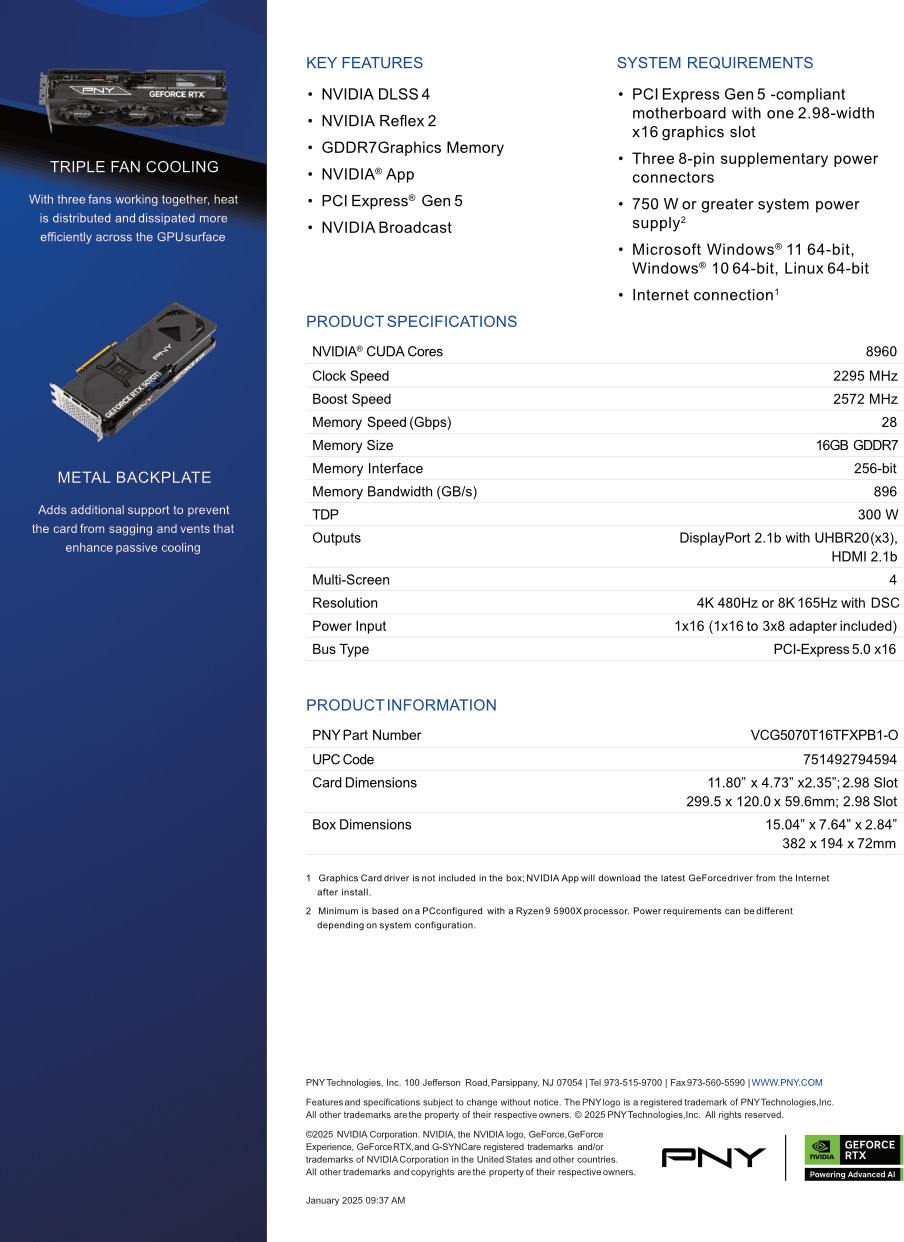 pny rtx 5070 ti overclocked triple fan gpu