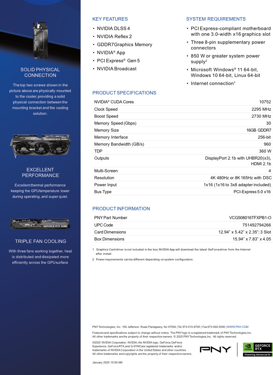 pny rtx 5080 triple fan oc graphics card