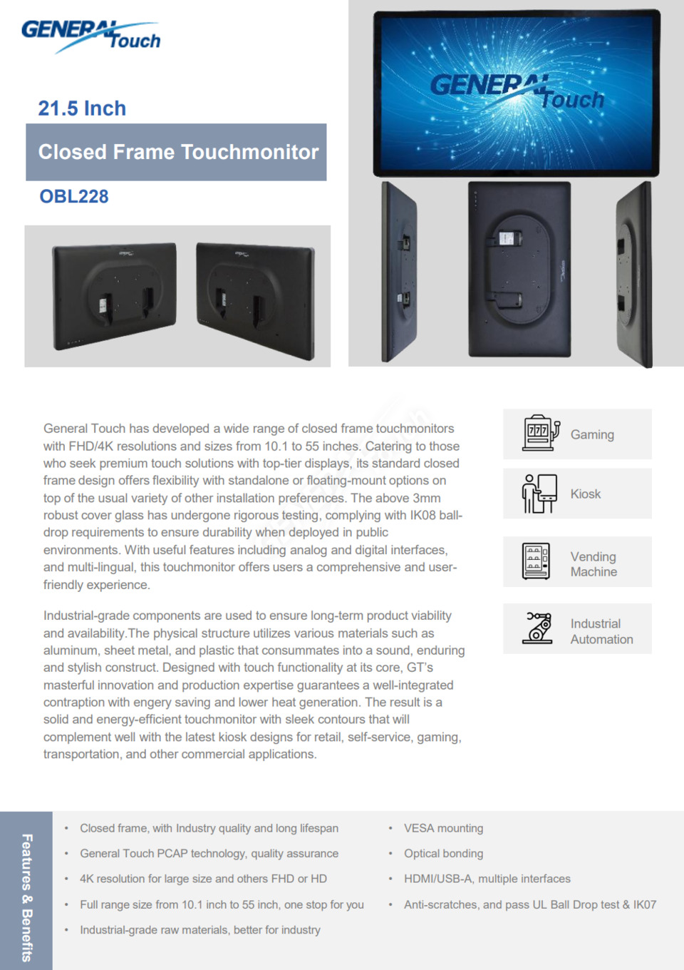 215 general touch obl228 fhd optical bond x-trim pcap touch monitor