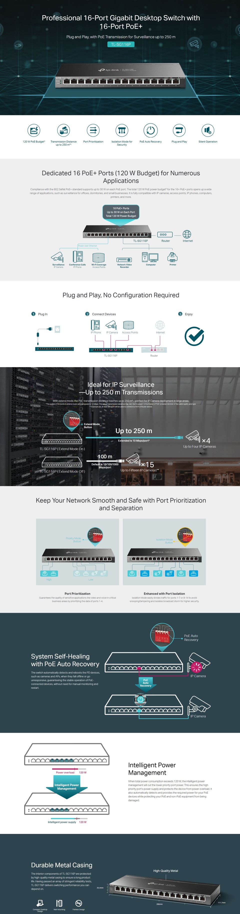 16 port tp-link tl-sg116p gigabit desktop switch with 16-port poe