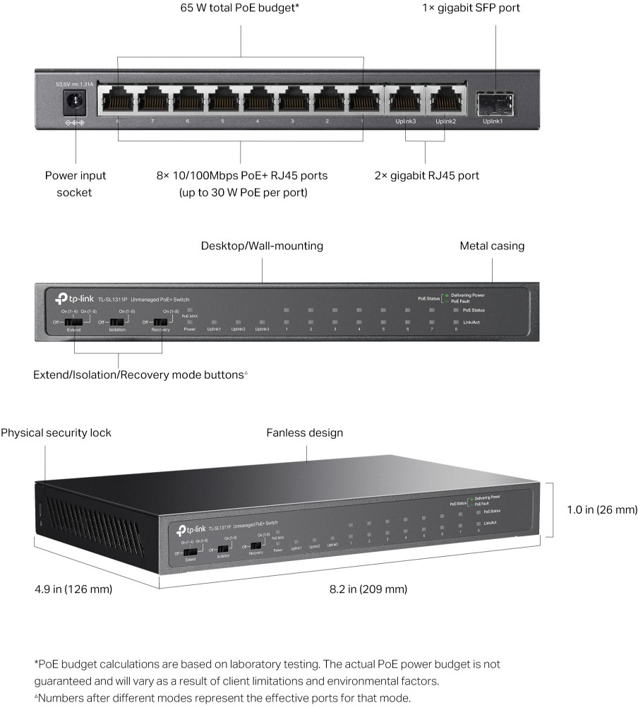 8 port tp-link tl-sl1311p 10100mbps  3-port gigabit desktop switch with 8-port poe