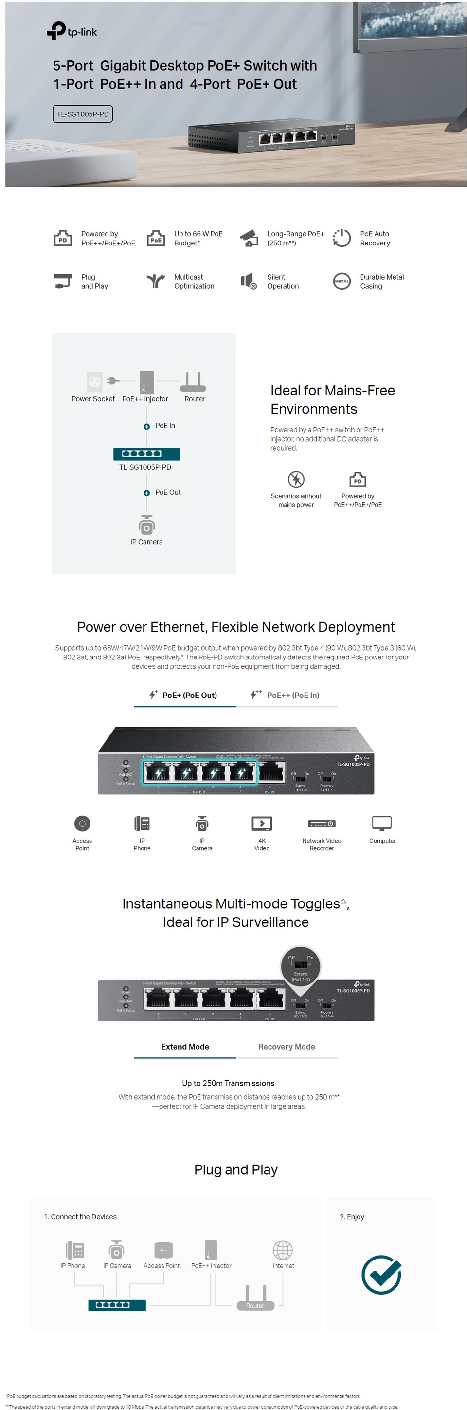 5 port tp-link tl-sg1005p-pd gigabit desktop poe switch with 1-port poe in and 4-port poeout