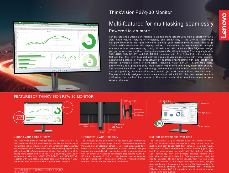 27 lenovo thinkvision p27q-30 qhd ips monitor with usb hub