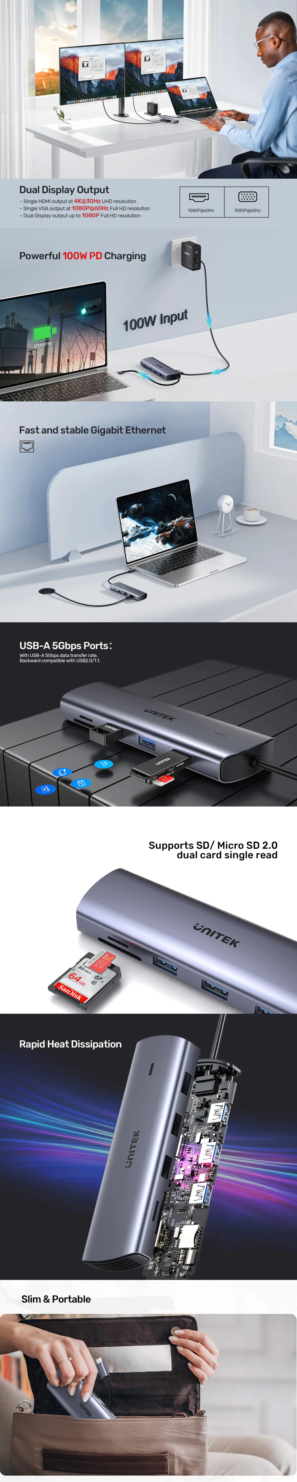 uniteky 9-in-1 dual display power-deliver usb-c hub with dual card reader