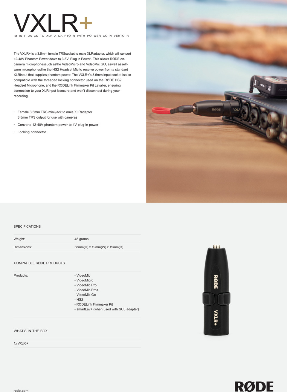 rode vxlr 35mm trs to xlr adaptor with power converter