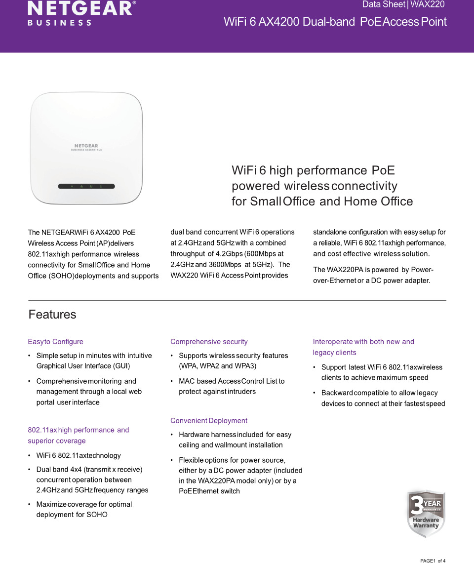 netgear wax220 essentials wifi 6 ax4200 dual-band poe access point